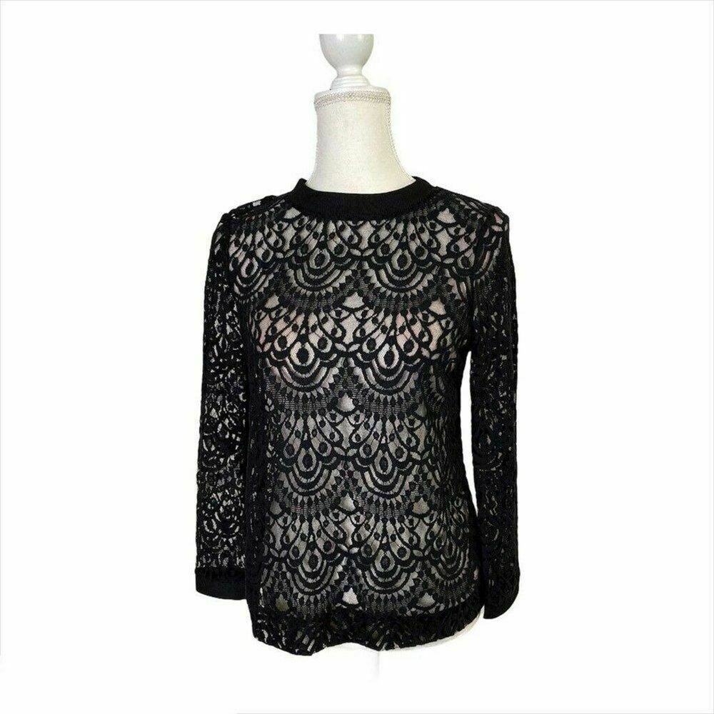 Banana Republic Black Lace Long Sleeve Blouse Sheer Scalloped Knit Top Petite S
